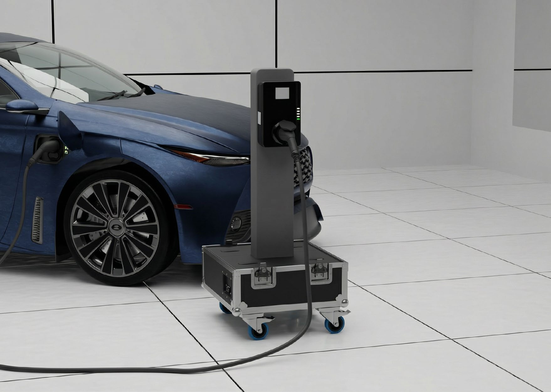 Brochure rendering of the SANDT PACE mobile charging unit beside an EV